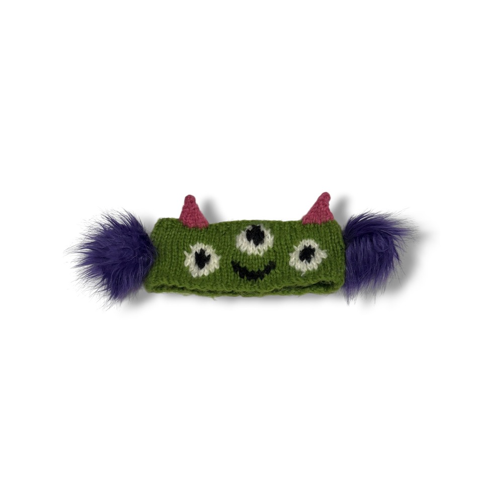 Green Monster Knit Headband‎ Alien Ear Warmer Faux Fur Pom Poms Horns Novelty